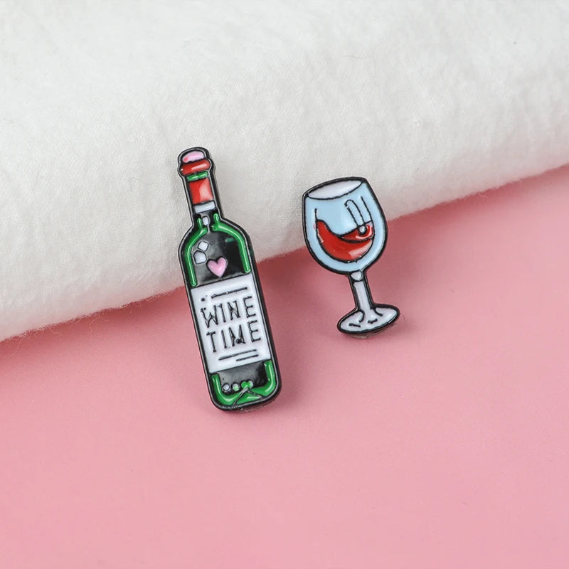 2pcs Wine & Glass Enamel Pin Set – Cute Brooch Badges for Clothes, Bags & Gifts