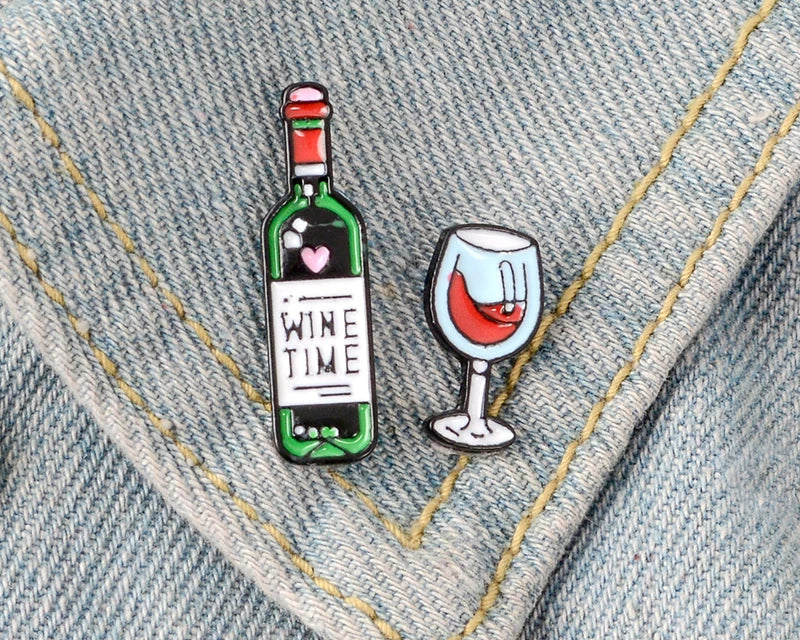2pcs Wine & Glass Enamel Pin Set – Cute Brooch Badges for Clothes, Bags & Gifts