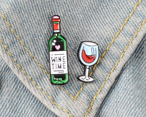 2pcs Wine & Glass Enamel Pin Set – Cute Brooch Badges for Clothes, Bags & Gifts