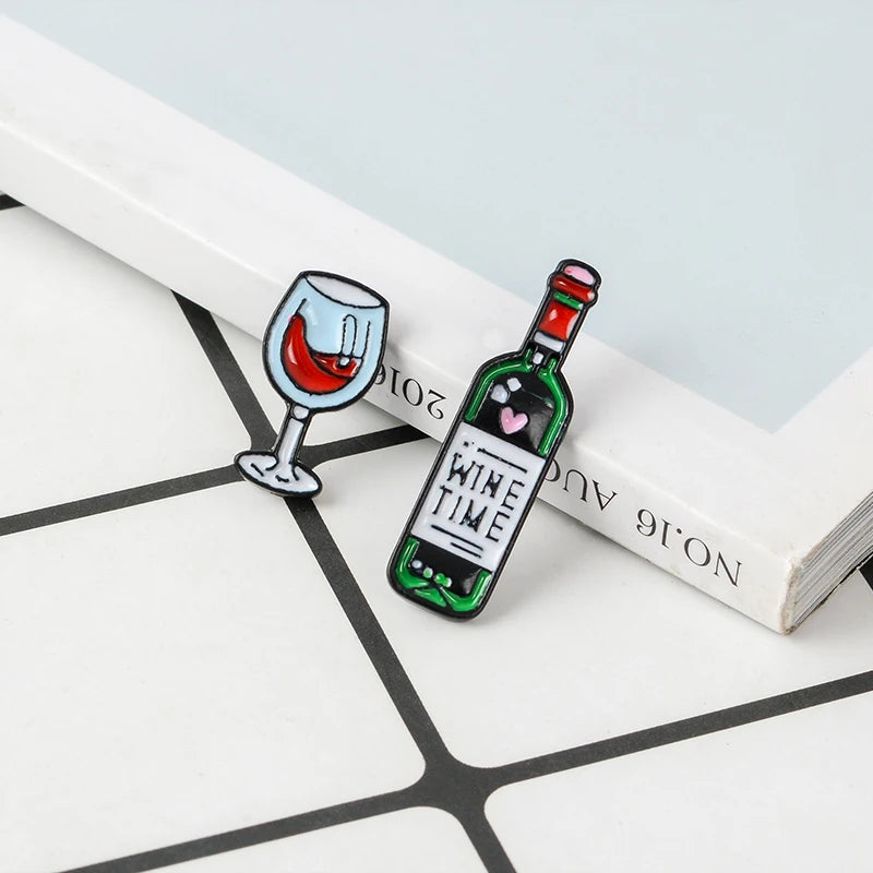 2pcs Wine & Glass Enamel Pin Set – Cute Brooch Badges for Clothes, Bags & Gifts
