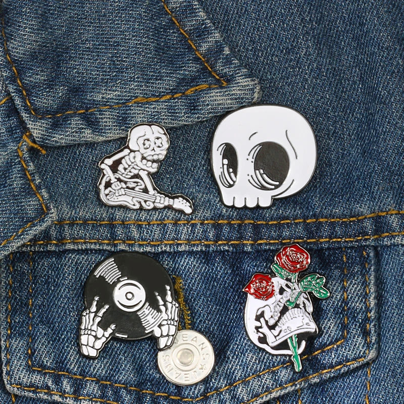 Skull Rose Coffin Enamel Pin – Punk Brooch Badge for Jackets & Accessories