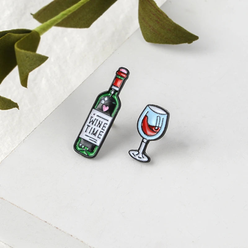 2pcs Wine & Glass Enamel Pin Set – Cute Brooch Badges for Clothes, Bags & Gifts