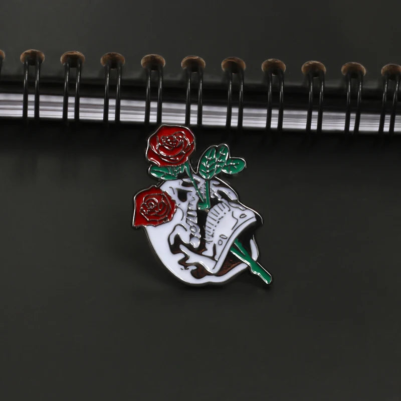 Skull Rose Coffin Enamel Pin – Punk Brooch Badge for Jackets & Accessories