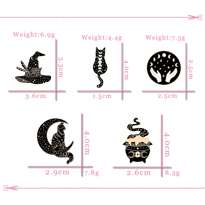Witchy Enamel Pins – Cat, Hat & Moon Badge