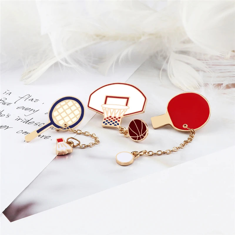 Sports Ball Brooch with Chain – Basketball, Badminton & Tennis Pin for Bags & Jackets