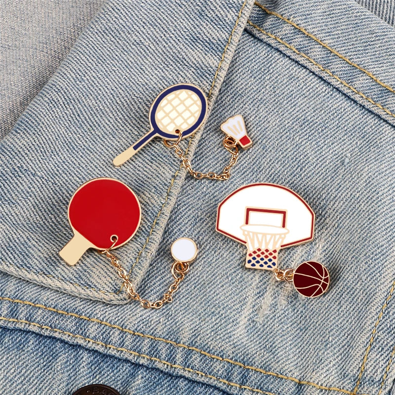 Sports Ball Brooch with Chain – Basketball, Badminton & Tennis Pin for Bags & Jackets