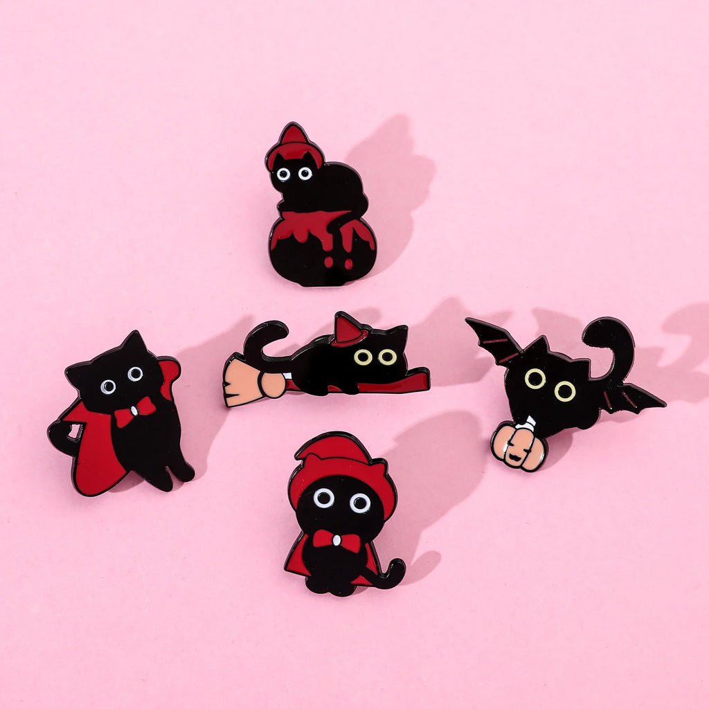 5pcs Halloween Cat & Skeleton Brooch Set – Pumpkin, Bat, Broom & Lapel Pins