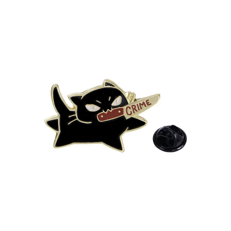 Black Cat with Knife Enamel Pin – Funny Cartoon Brooch for Clothes, Bags & Hats