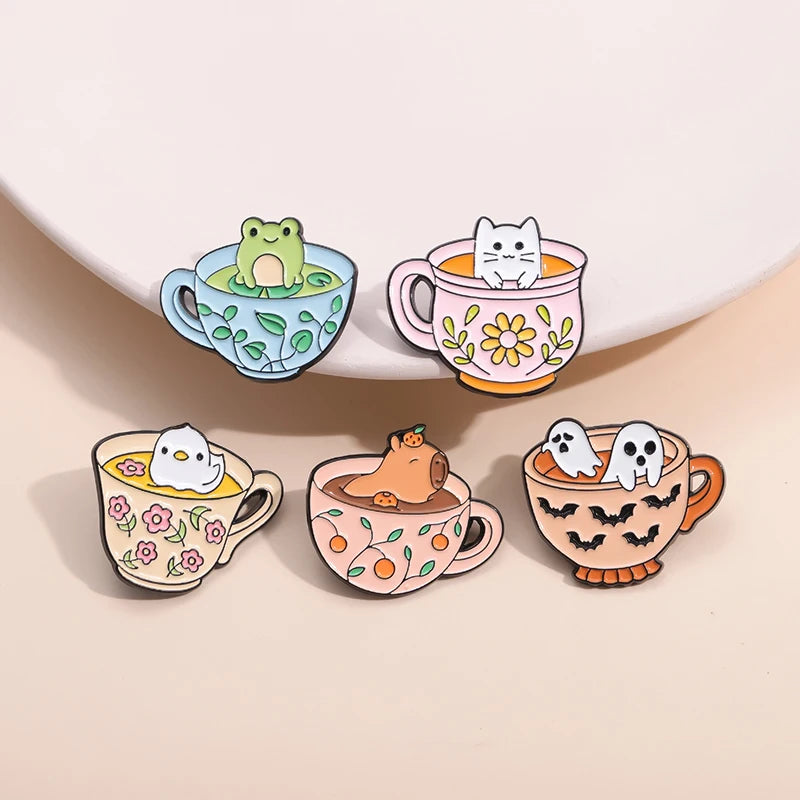 Coffee & Animal Enamel Pin Collection – Cute Ghost, Duck, Frog & Capybara Brooches