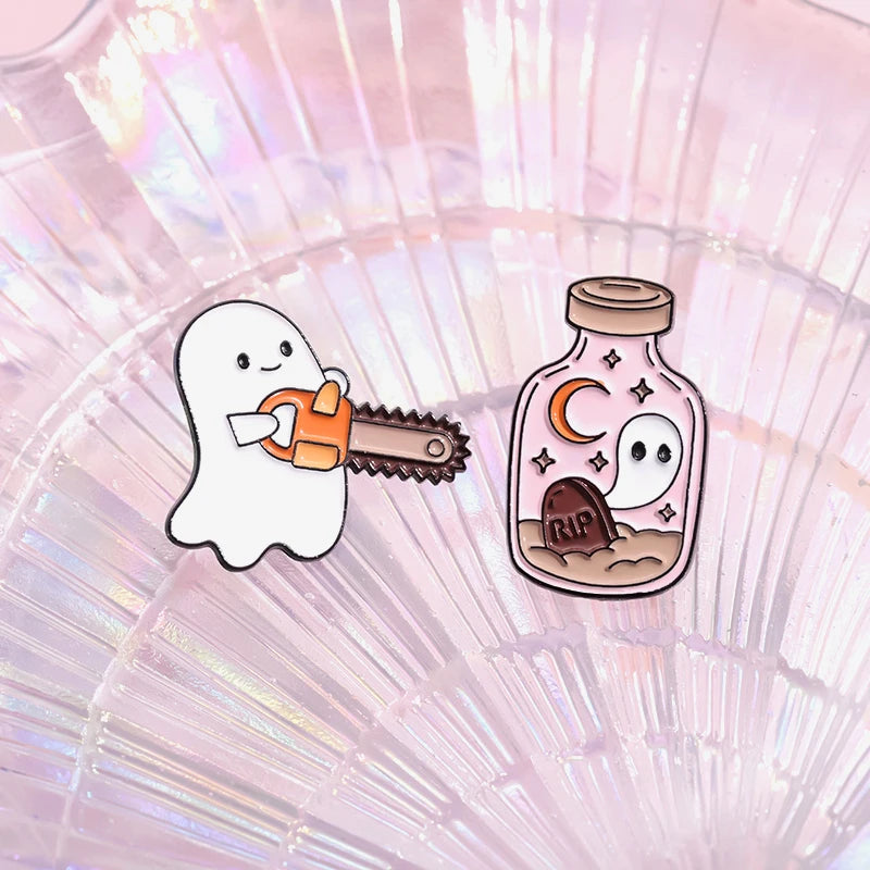 Halloween Ghost & Pumpkin Enamel Pin – Spooky Tarot Brooch Lapel Badge