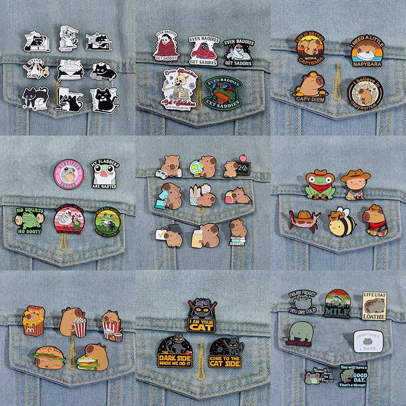 Cute Animal Enamel Pin Set (3–5pcs) – Cat & Capybara Brooches