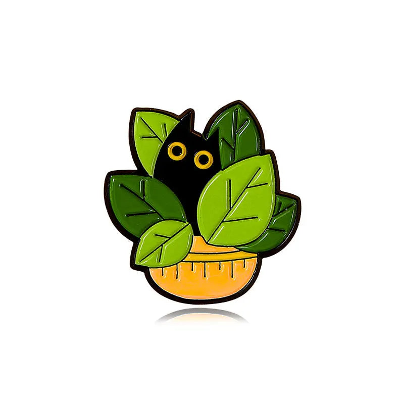 Cats in Plants Enamel Pin – Cute Black Cat Potted Plant Brooch Gift