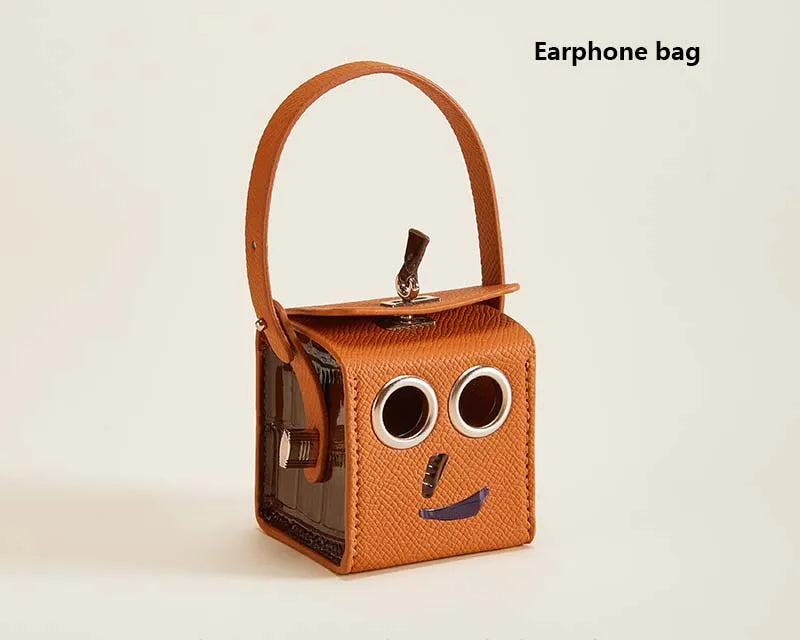 Leather Robot Bag Charm – Cute Mini Keychain & Earphone Case