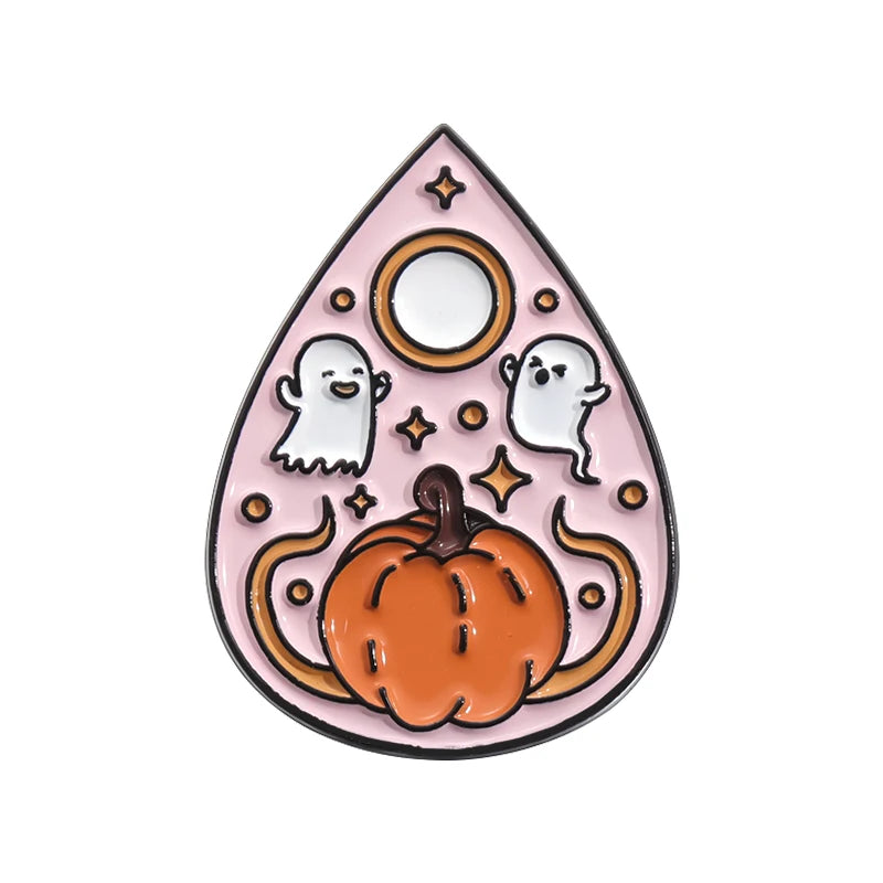 Halloween Ghost & Pumpkin Enamel Pin – Spooky Tarot Brooch Lapel Badge