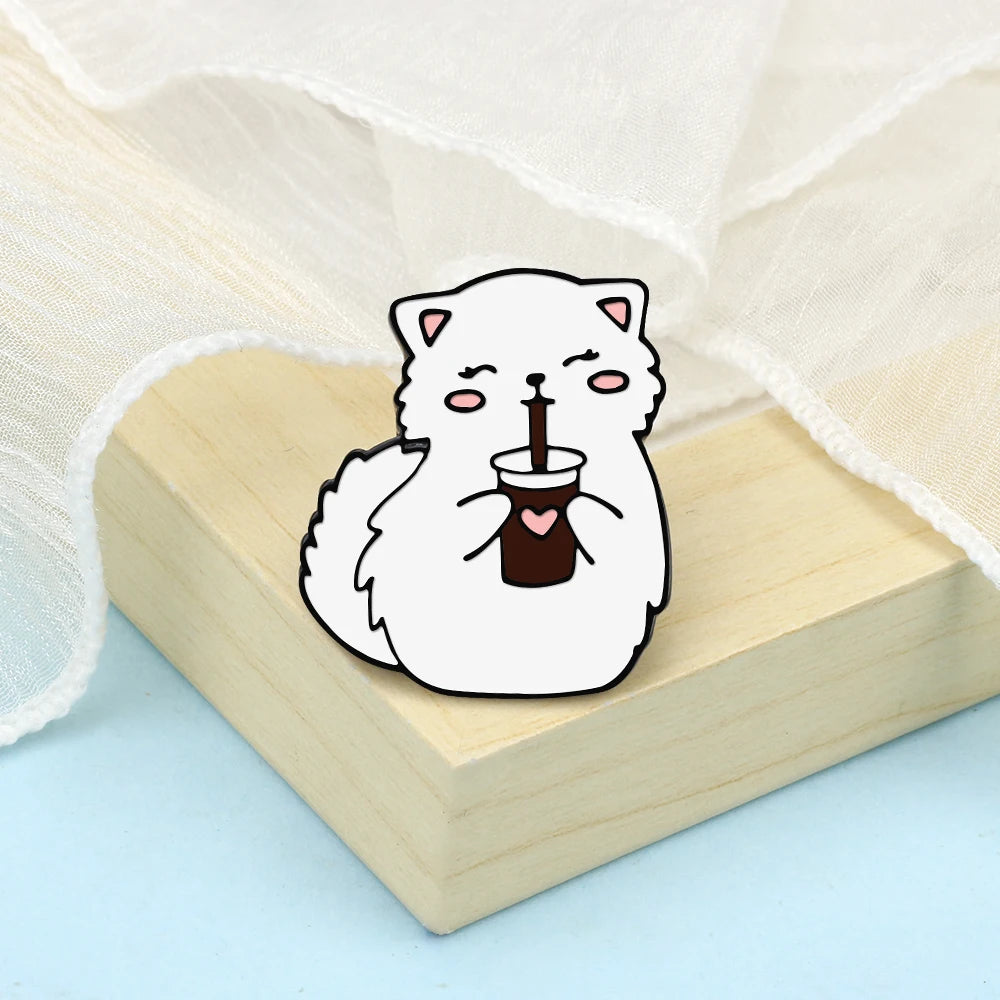 Cute White Kitten Enamel Pin – Cola Cat Brooch for Kids & Friends