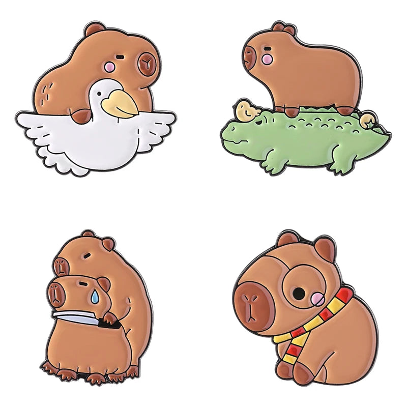 Cute Animal Enamel Pin Set (3–5pcs) – Cat & Capybara Brooches