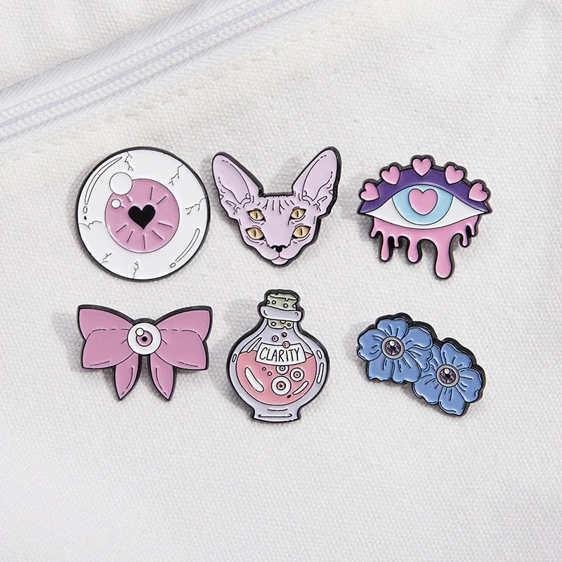 Pink Punk Eyes Enamel Pin – Magic Potion & Love Eye Brooch for Jackets & Bags