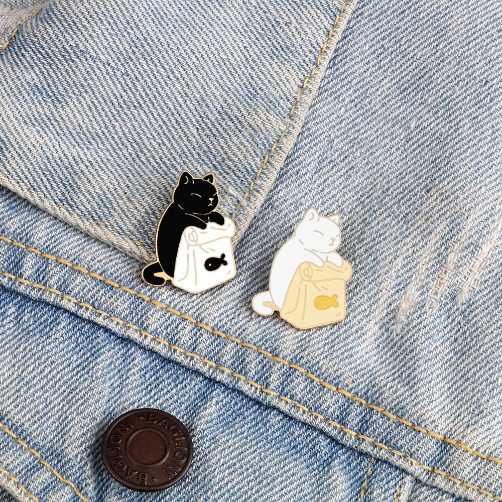 Cute Black & White Cat Enamel Pin – Funny Kitty Brooch