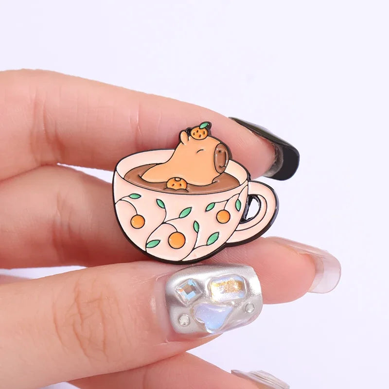 Coffee & Animal Enamel Pin Collection – Cute Ghost, Duck, Frog & Capybara Brooches