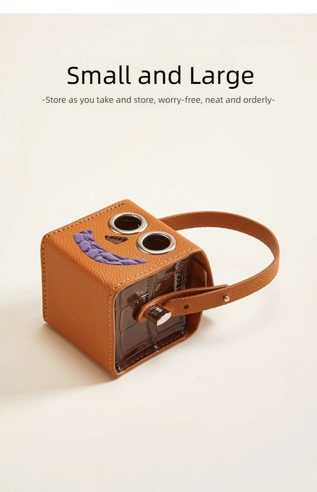 Leather Robot Bag Charm – Cute Mini Keychain & Earphone Case