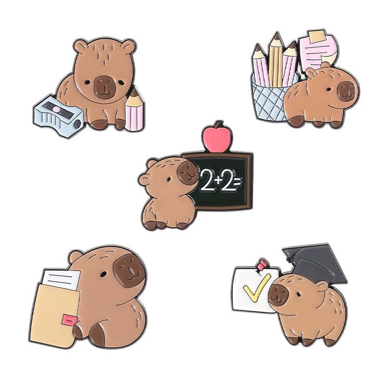Cute Animal Enamel Pin Set (3–5pcs) – Cat & Capybara Brooches