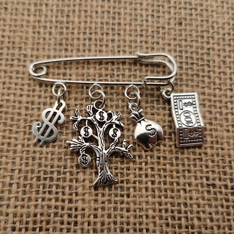 Lucky Money Brooch – Dollar, Abacus & Money Bag Pin