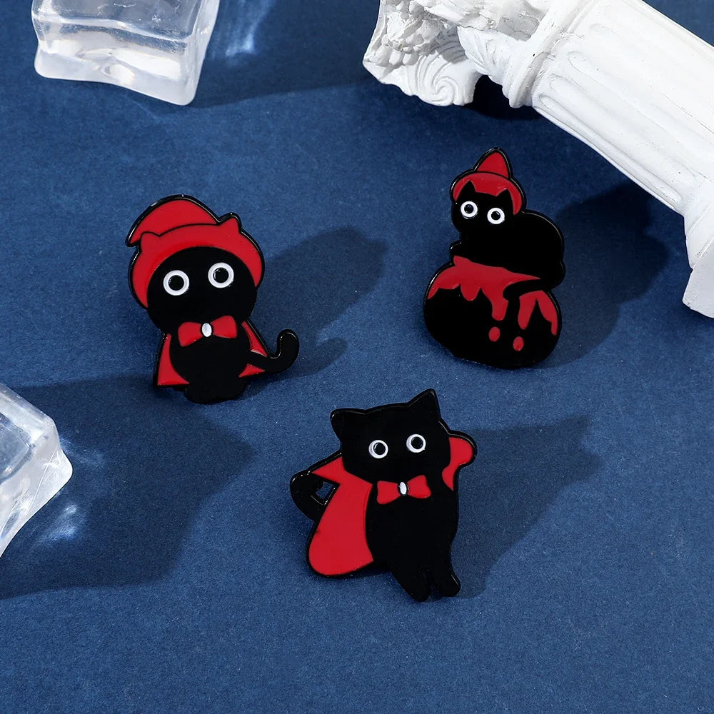 5pcs Halloween Cat & Skeleton Brooch Set – Pumpkin, Bat, Broom & Lapel Pins