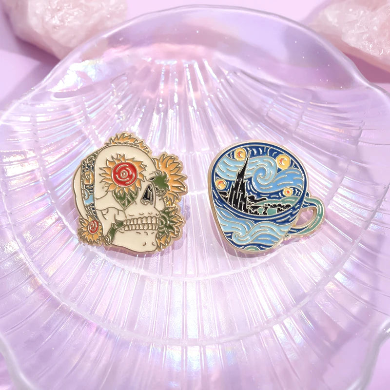 Abstract Night Sky Enamel Pin – Artistic Sunflower Brooch