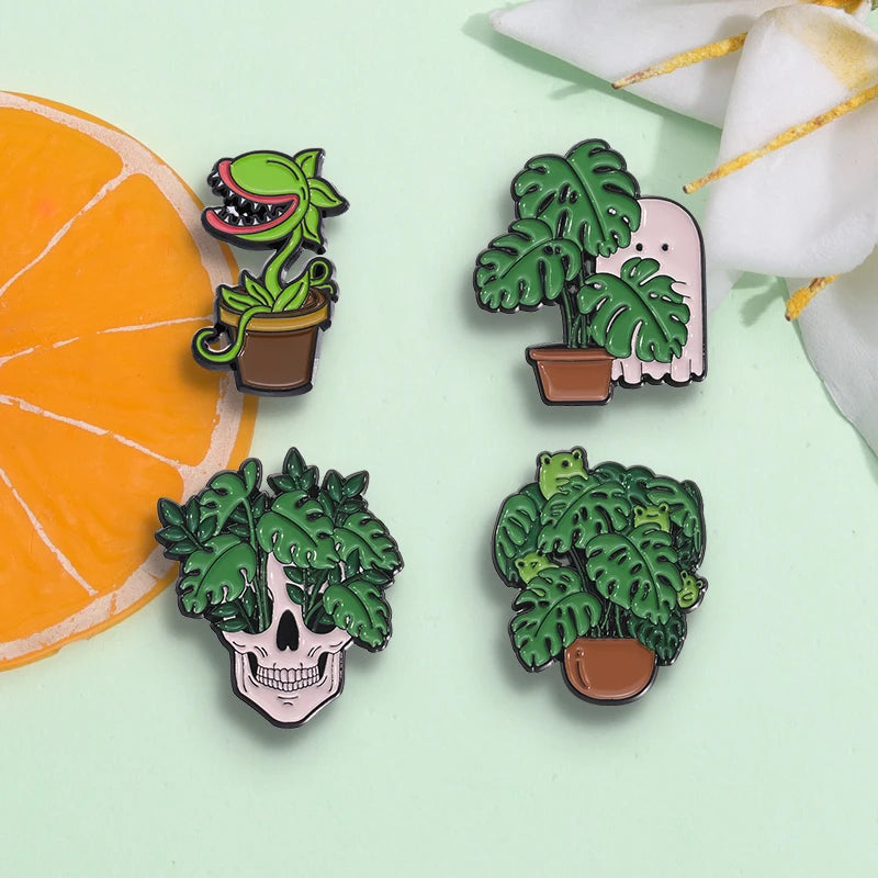 Gothic Skull Plant Enamel Pin – Punk Skeleton Brooch