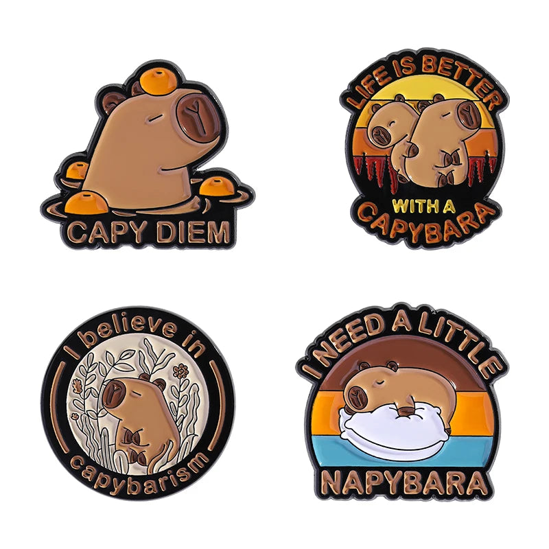 Cute Animal Enamel Pin Set (3–5pcs) – Cat & Capybara Brooches