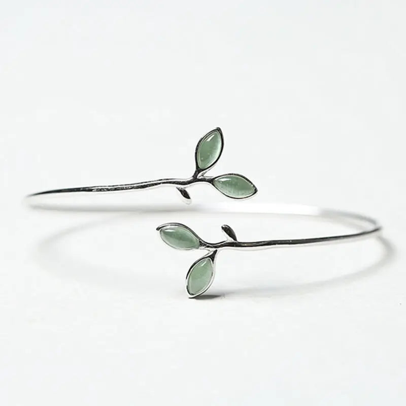 Sterling Silver Green Leaf Bracelet – Elegant Nature Bangle