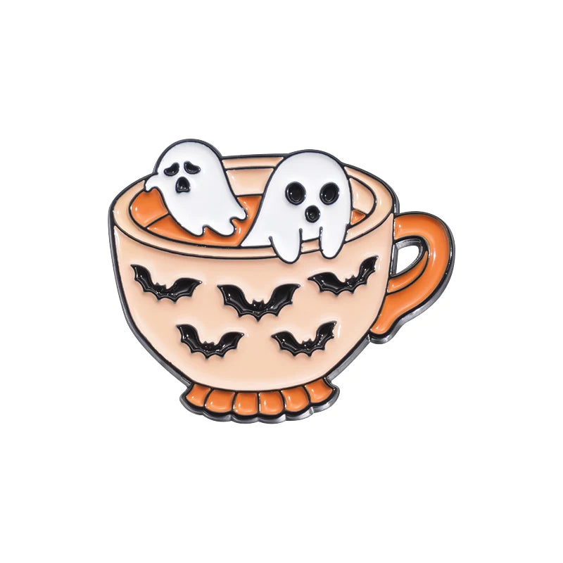 Halloween Ghost & Pumpkin Enamel Pin – Spooky Tarot Brooch Lapel Badge