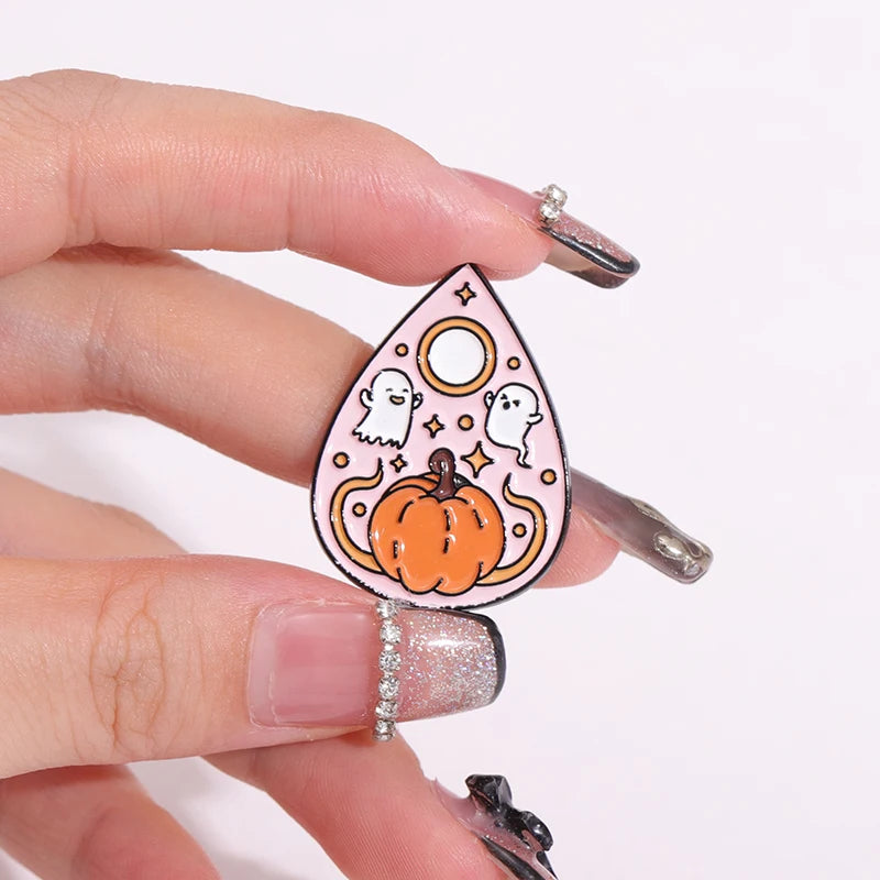 Halloween Ghost & Pumpkin Enamel Pin – Spooky Tarot Brooch Lapel Badge