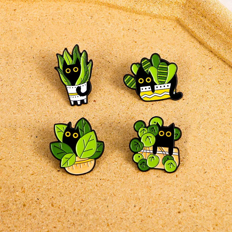 Cats in Plants Enamel Pin – Cute Black Cat Potted Plant Brooch Gift