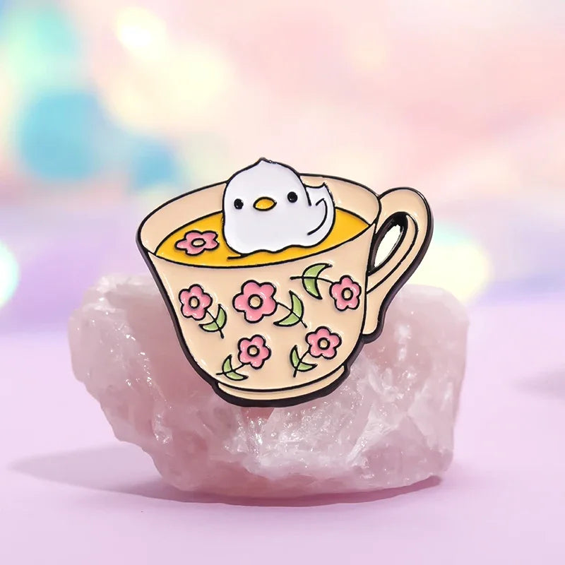 Coffee & Animal Enamel Pin Collection – Cute Ghost, Duck, Frog & Capybara Brooches