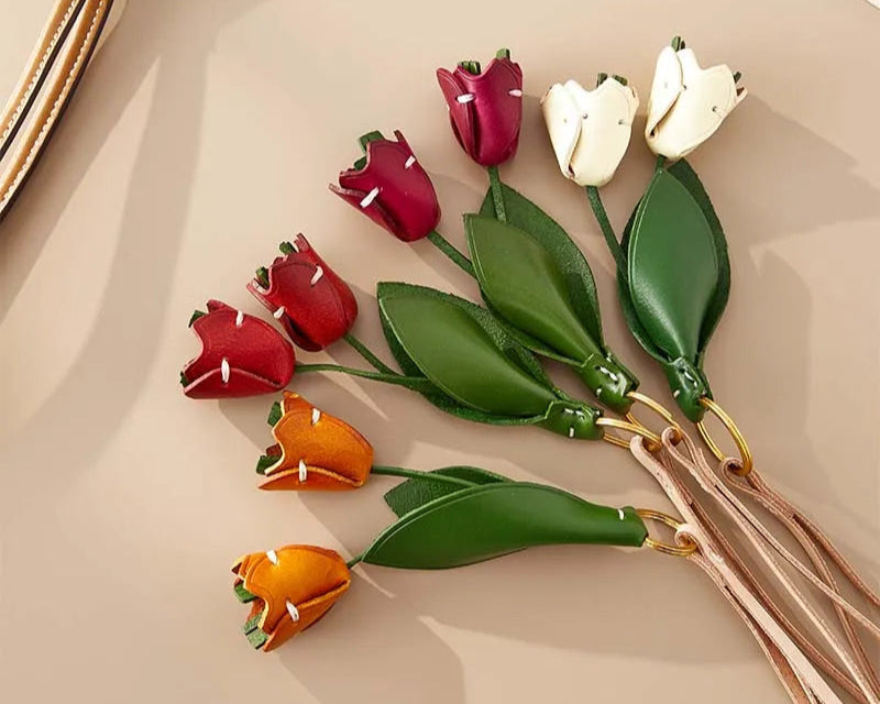 Floral Cowhide Bag Charm – Elegant Leather Pendant