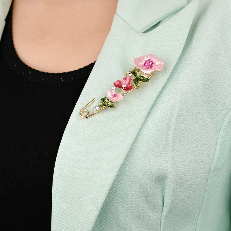 Elegant Rhinestone Flower Brooch – Enamel Lapel Pin for Women