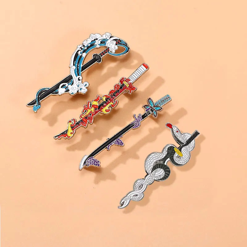 Demon Slayer Nichirin Sword Enamel Pin – Sea Wave, Fire, Butterfly & Snake Designs