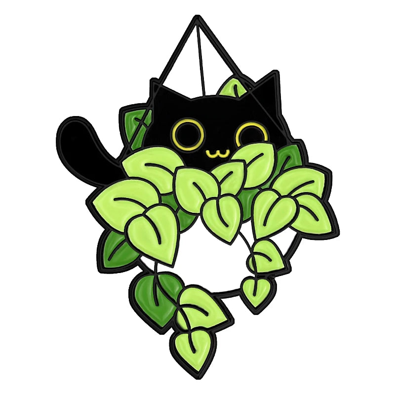 Cats in Plants Enamel Pin – Cute Black Cat Potted Plant Brooch Gift