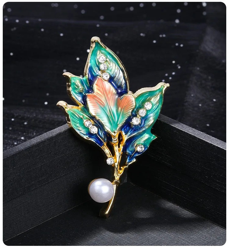 Vintage Enamel Leaf Brooch