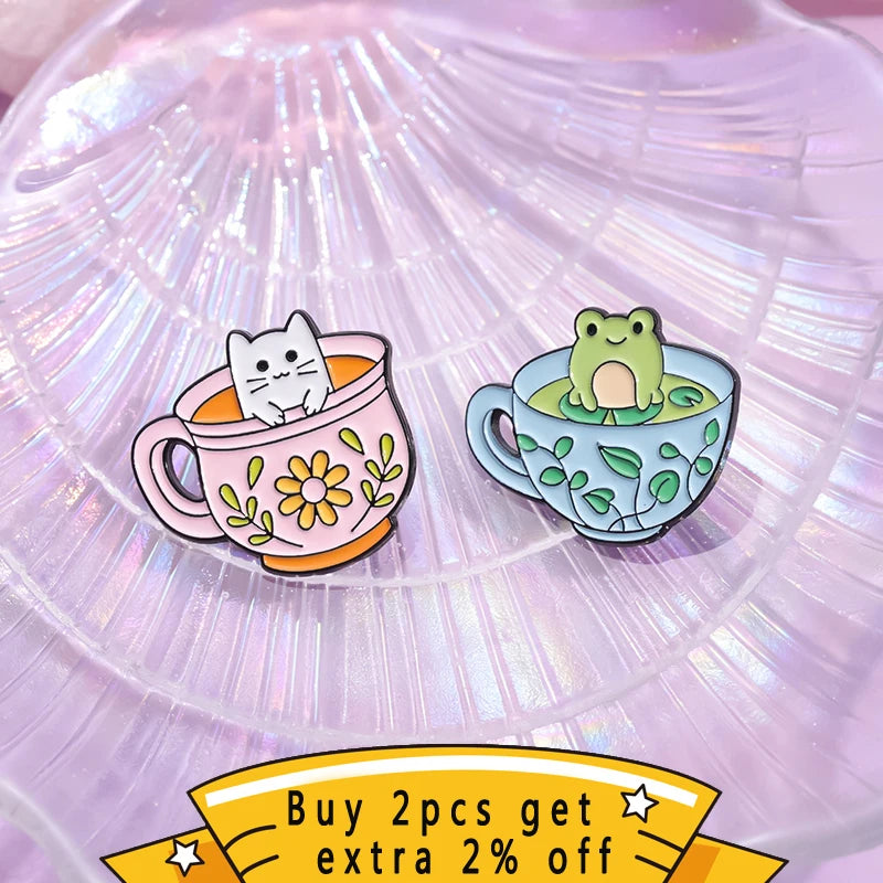 Coffee & Animal Enamel Pin Collection – Cute Ghost, Duck, Frog & Capybara Brooches