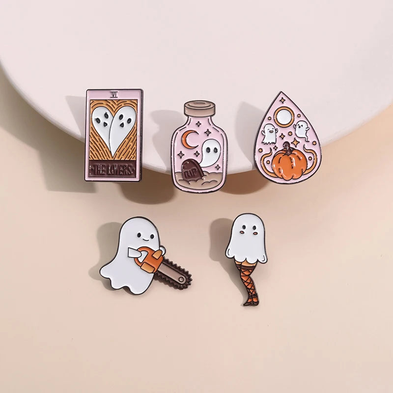 Halloween Ghost & Pumpkin Enamel Pin – Spooky Tarot Brooch Lapel Badge