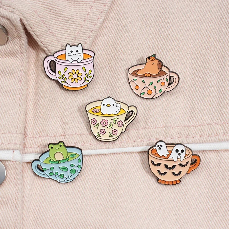 Coffee & Animal Enamel Pin Collection – Cute Ghost, Duck, Frog & Capybara Brooches