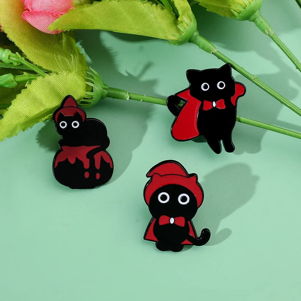 5pcs Halloween Cat & Skeleton Brooch Set – Pumpkin, Bat, Broom & Lapel Pins