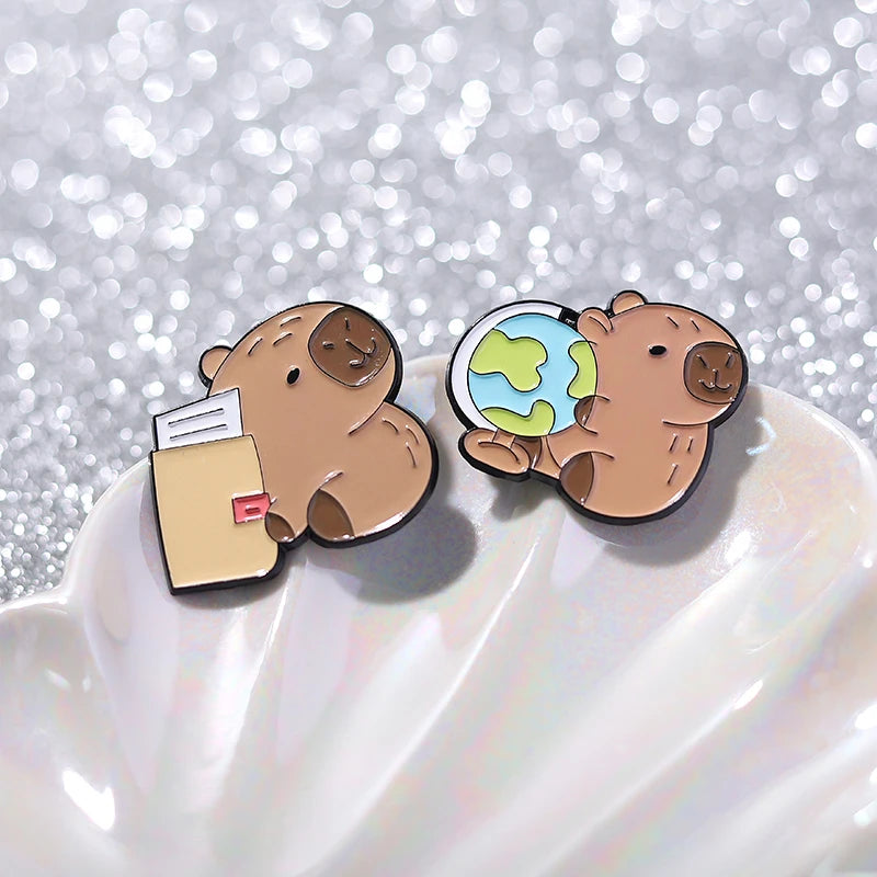 Cute Animal Enamel Pin Set (3–5pcs) – Cat & Capybara Brooches