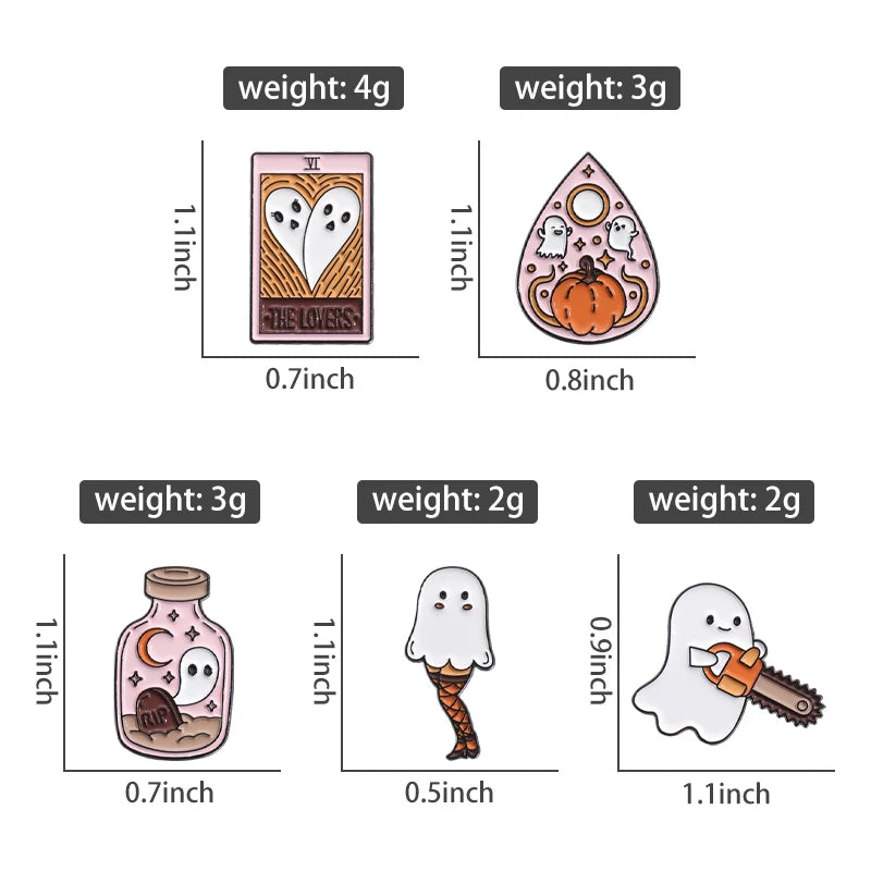 Halloween Ghost & Pumpkin Enamel Pin – Spooky Tarot Brooch Lapel Badge