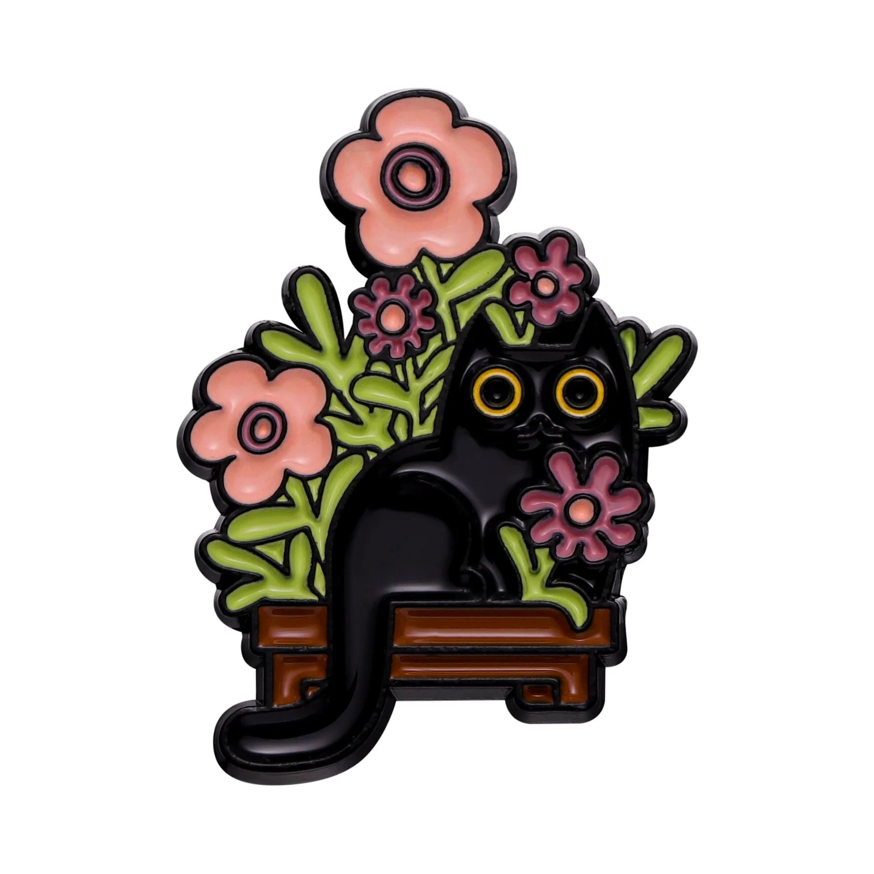 Cats in Plants Enamel Pin – Cute Black Cat Potted Plant Brooch Gift
