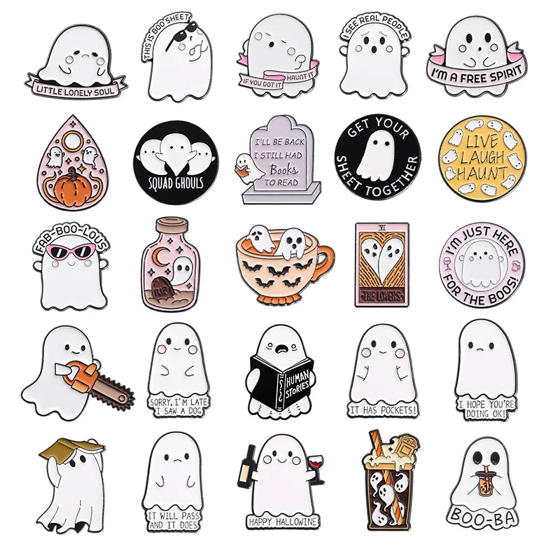Halloween Ghost & Pumpkin Enamel Pin – Spooky Tarot Brooch Lapel Badge