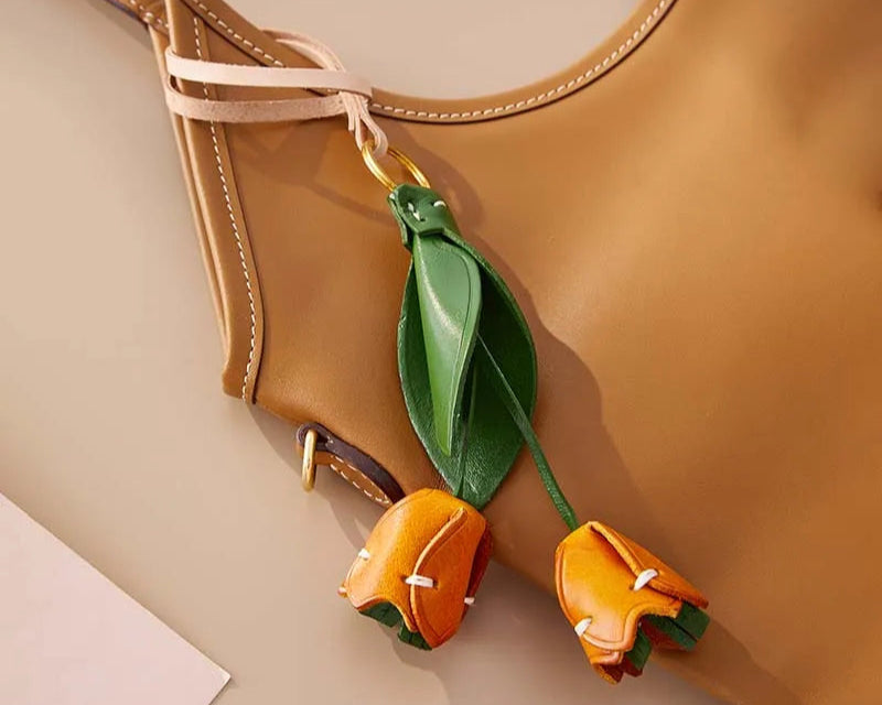Floral Cowhide Bag Charm – Elegant Leather Pendant