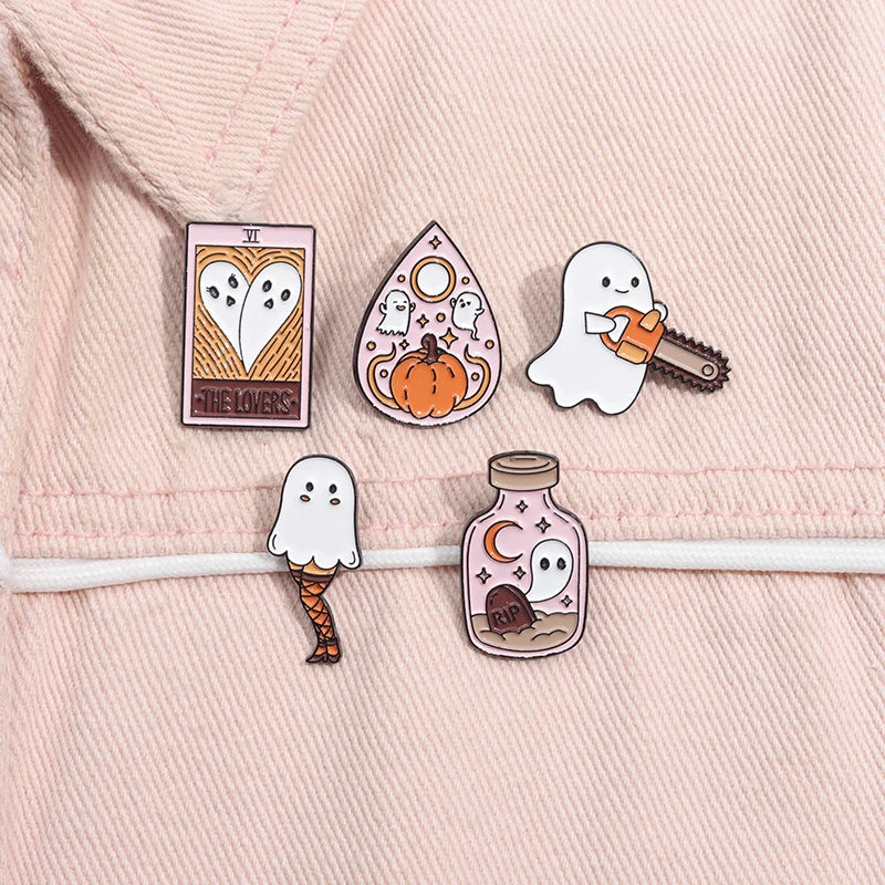 Halloween Ghost & Pumpkin Enamel Pin – Spooky Tarot Brooch Lapel Badge